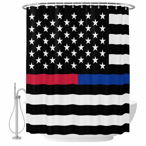 Red and Blue Line Enforcement Officers Fabric Shower Curtain Firefighters Washable Shower Curtains for Bathroom, Waterproof Bath Curtain with Hooks Home Decor 36x72in