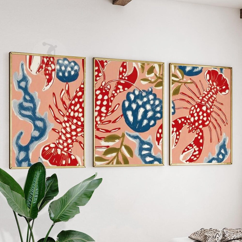 Red Blue Lobster Coastal Nautical Vibrant Beach House Wall Art Set 3 ...