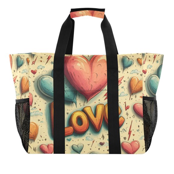 Red Blue Love Heart Reusable Grocery Bags with Handle Side Pocket Waterproof Shopping Portable Tote