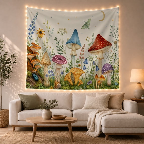 Red and Blue Mushrooms Among Wildflowers, Dreamy Watercolor for Nature Lovers, Botanical Wall Art, Housewarming Gift, Tapestry Wall Hanging for Bedroom and Living Room
