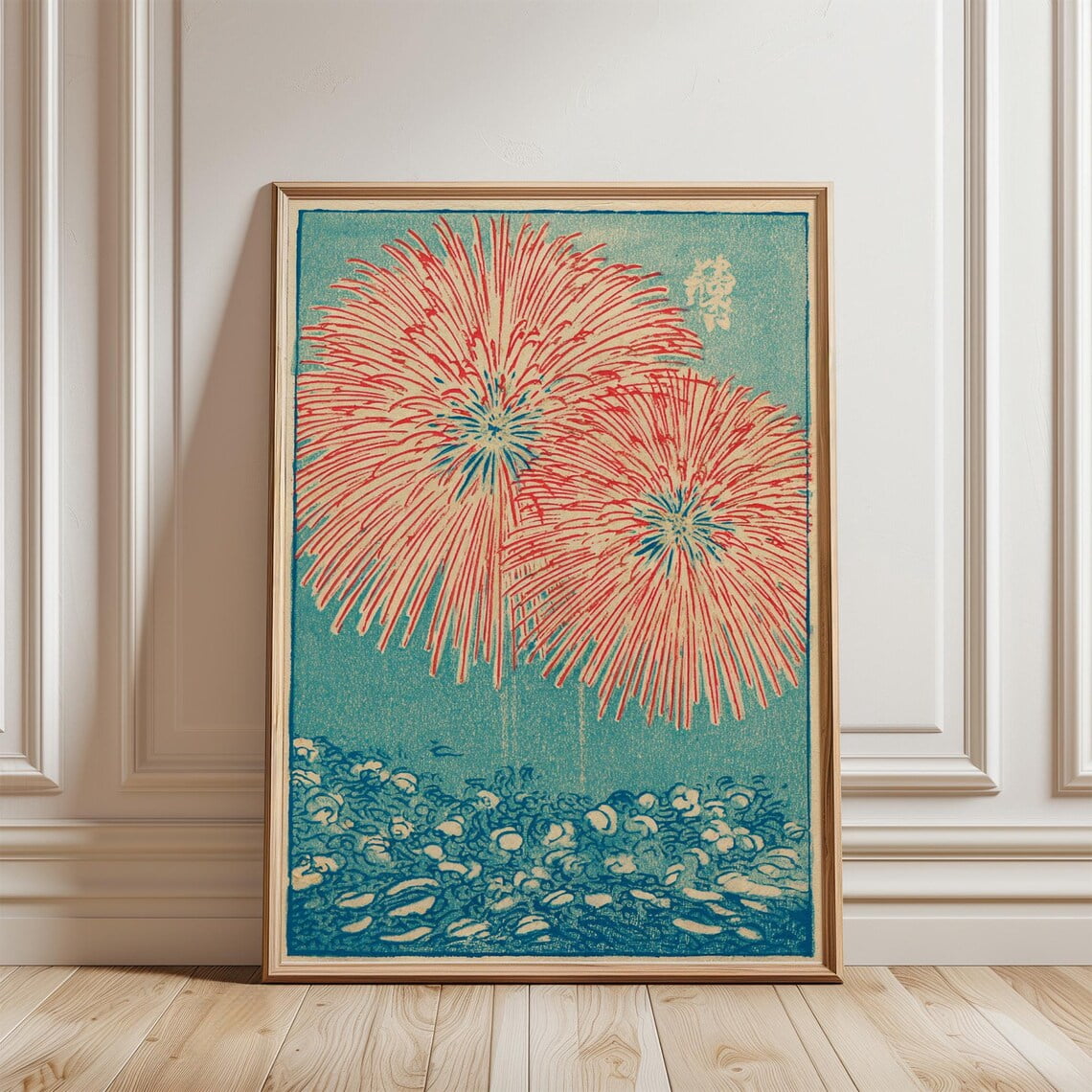 Japanese Firework Pattern Red Blue Night Sky Firework Japanese Woodblock Style Art, Unframed ...