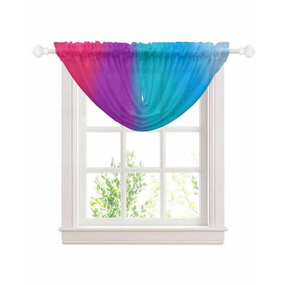 Red Blue Ombre Sheer Waterfall Valance Curtains for Window, Purple Teal Gradient Striped Rod Pocket Sheer Topper Swag Curtains for Living Room, Kitchen 38.5"W x 47.2"L, 1 Panel