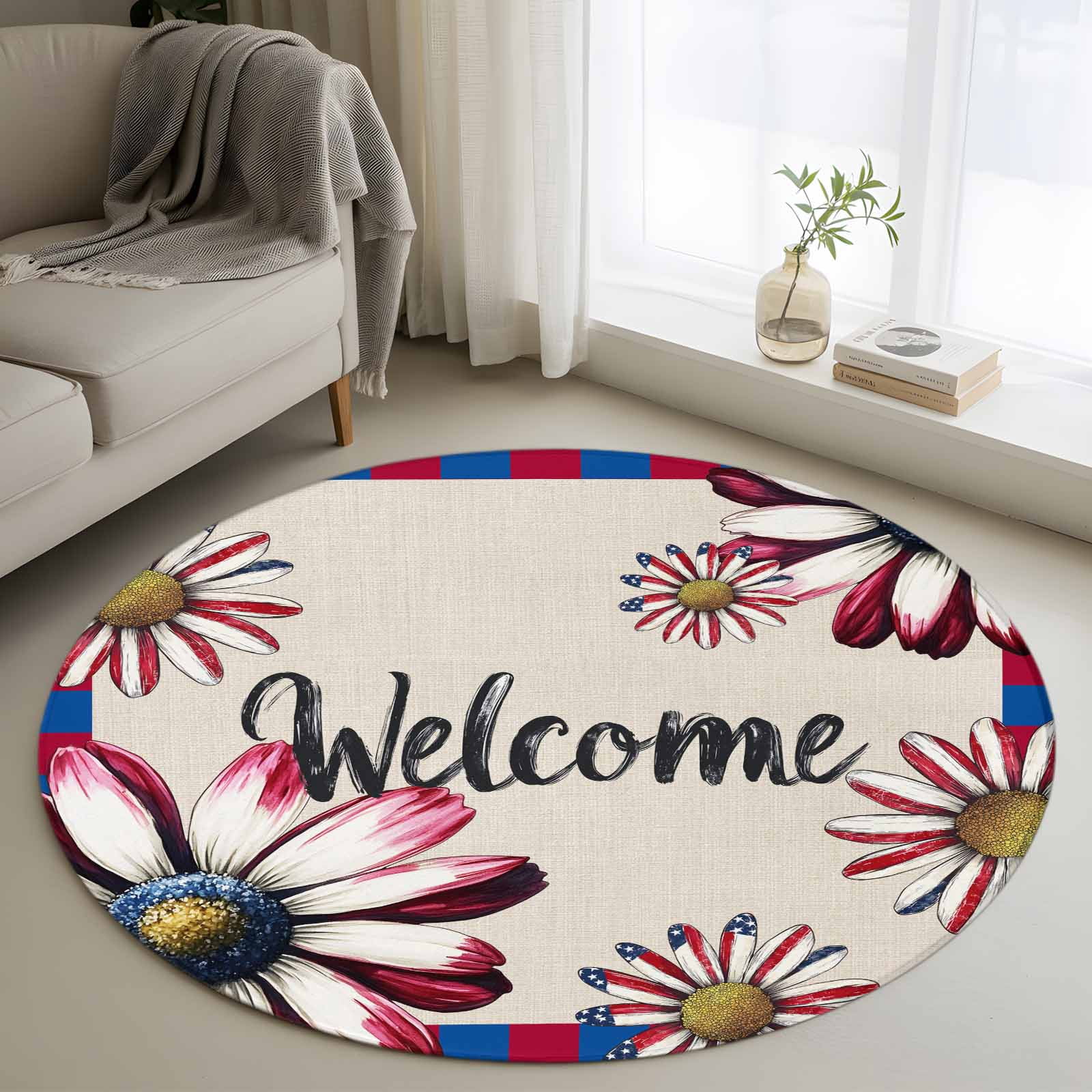 Blue Red Office Rug Red Blue Plaid 4' Round Rug for Cozy Reading Nook Home Office Chair ...