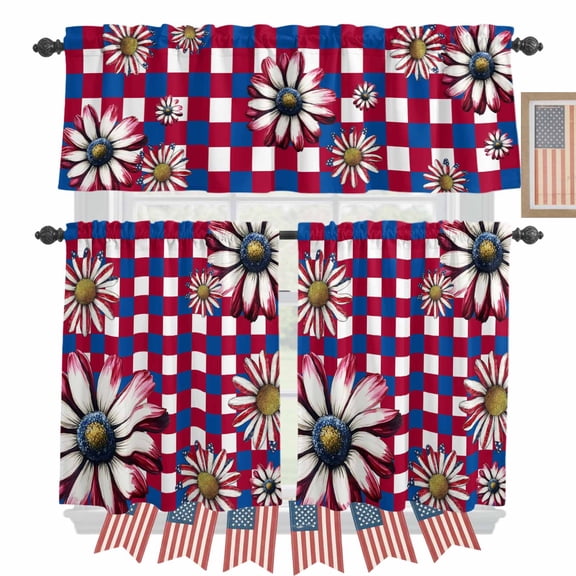Red Blue Plaid USA Flag Flower Kitchen Curtains Valances 3 Piece Set, Independence Day Rod Pocket Tier Curtain and Valance Drapes for Small Window 24 Inch Length for Bedroom Cafe
