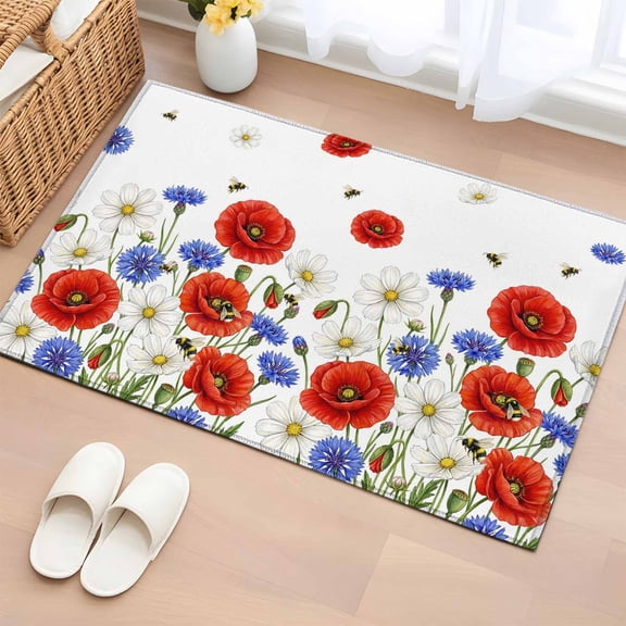 Red Blue Poppy Floral Entryway Rug 2'x3' Non Slip Front Door Mats, Farmhouse Spring Flowers Entrance Rugs Indoor Outdoor Carpet, Washable Floor Mats Small Area Rug for Bedroom Kitchen