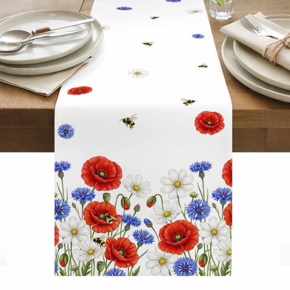Red Blue Poppy Floral Table Runner Farmhouse Spring Flowers Tablerunners 13 x 60 Inch, Table Decorations Tabletop Scarf for Summer Gathering Holiday Farmhouse Kitchen Dining Decor