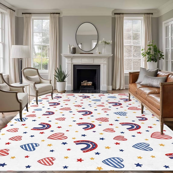 Red Blue Rainbows Washable Area Rug 5 x 7 ft Independence Day Patriotic Yellow Stars Love Heart , Soft Non Slip Rugs Stain Repellent Indoor Felt Carpet for Living Dining Room Bedroom Home Office