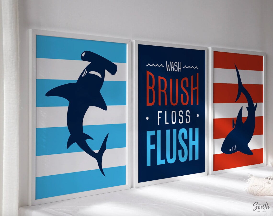 Shark Project Drawings Red Blue Shark Wall Art Prints, Nautical Ocean Bathroom Decor - Walmart.com