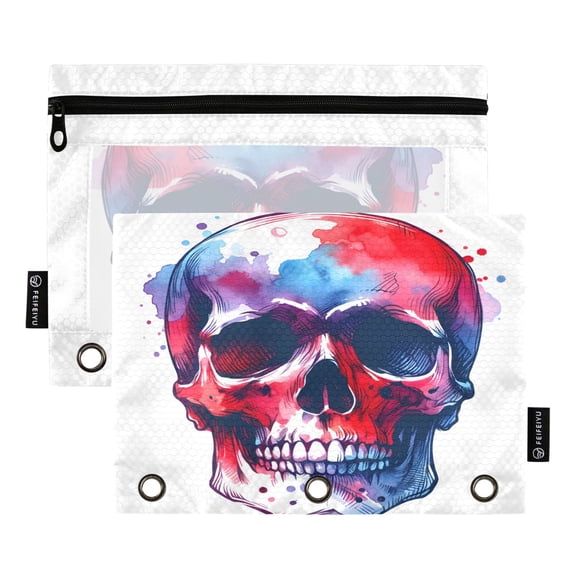 Red Blue Skull 2 Pack Pencil Pouch for 3 Ring Binder Smooth Zipper Folders with Pockets Clear Window Pencil Case