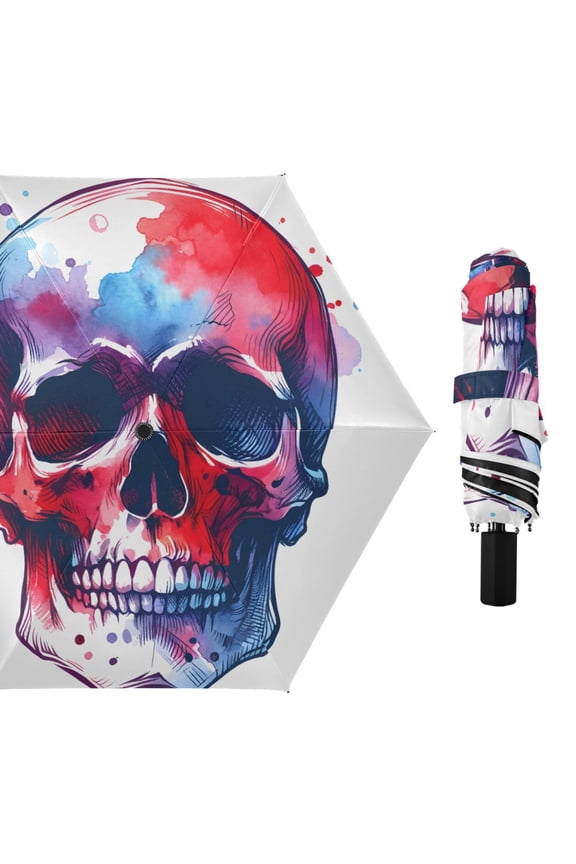 Red Blue Skull Compact Sun Umbrella Windproof Travel Umbrellas for Rain Strong Portable UV Protection