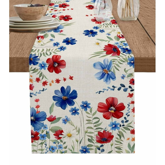 Red Blue Spring Floral Burlap Cotton Table Runner 13x36 Inches Short, Green Summer Botanical Watercolor Rustic Farmhouse Table Runners, Outdoor Dining Tablecloths Decor for Baby Shower/Party/Wedding