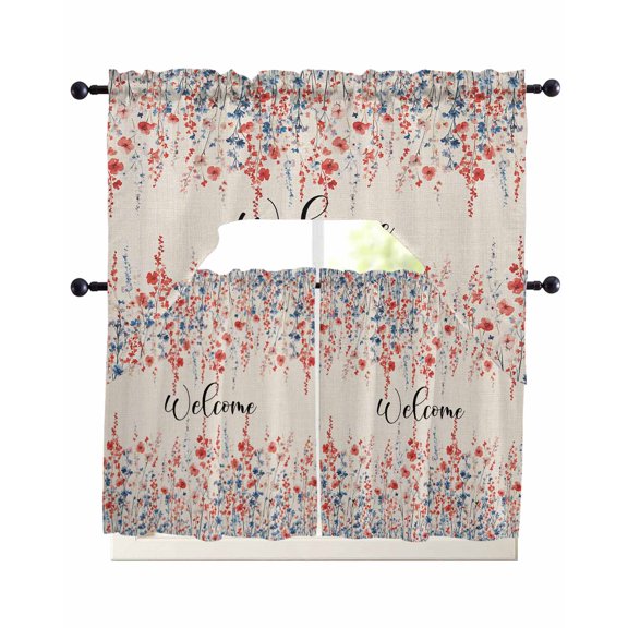 Red Blue Spring Floral Kitchen Curtains Sets 24 Inch Length with Valance, Welcome Pastoral Botanical Rustic Swag Valances and Tiers Curtain Set Drapes Swag Curtains for Living Room, Bathroom, Bedroom