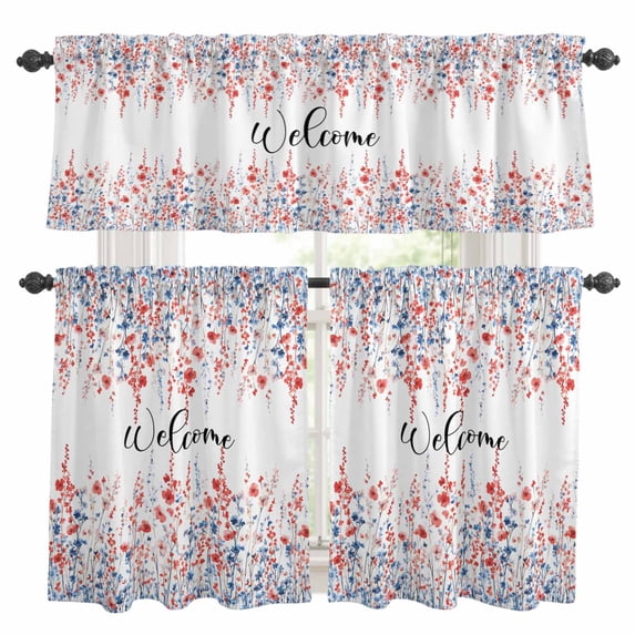 Red Blue Spring Floral Kitchen Curtains Sets for Windows 24 Inch Length, Welcome Pastoral Botanical Rod Pocket Window Treatments Tier Curtains and Valances Set for Bedroom/Bathroom