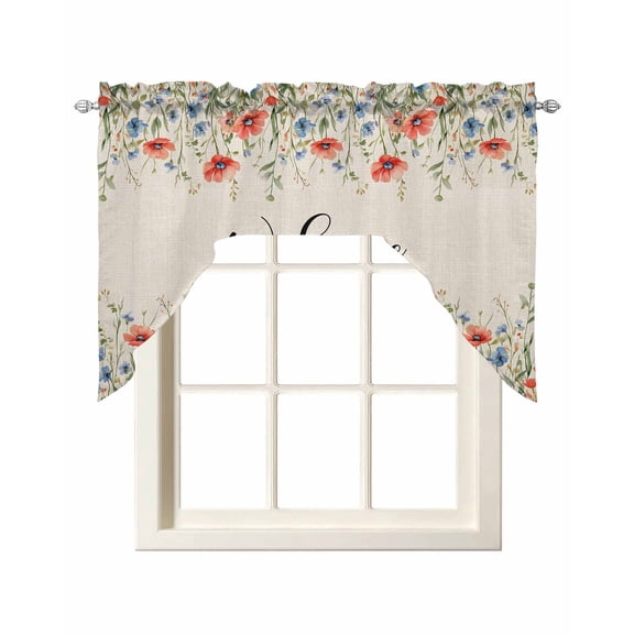 Red Blue Spring Floral Kitchen Swag Valances for Windows, Rustic Pastoral Botanical Welcome Swag Valances Curtains for Living Room, Rod Pocket Window Treatments for Bathroom, Bedroom, Cafe, 56"x36"