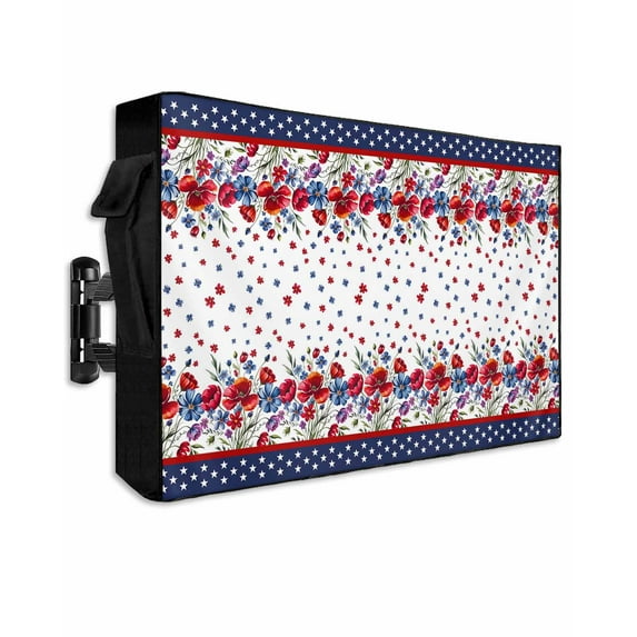 Red Blue Spring Floral Outdoor TV Cover 70 to 75 Inch Weatherproof, Independence Day Navy Blue Stars 600D Oxford TV Covers with Waterproof Zipper, Outside Flat TV Screen Protector 68"Wx42"Hx4.5"D