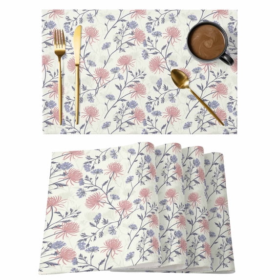 Red Blue Spring Floral Placemats Set of 4, Flowers Leaves Pastoral Botanical Placemats for Dining Table, Place Mats for Kitchen Tabletop, Waterproof Wipeable Dining Table Mats Set