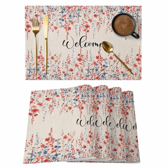 Red Blue Spring Floral Placemats Set of 4 Welcome Pastoral Botanical Rustic Place Mats Indoor Wipeable Table Mats Washable Cloth Dining Table Placemats for Kitchen Holiday Party Home Decor 13x19 Inch
