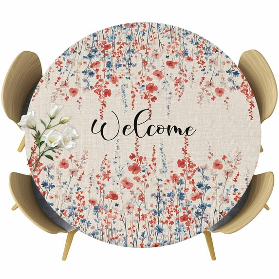 Red Blue Spring Floral Round Tablecloth 55-60 Inch Round Fitted Table Cloth with Elastic Edge, Welcome Pastoral Botanical Rustic Waterproof Table Cover Protector for Outdoor Picnic Party Dining