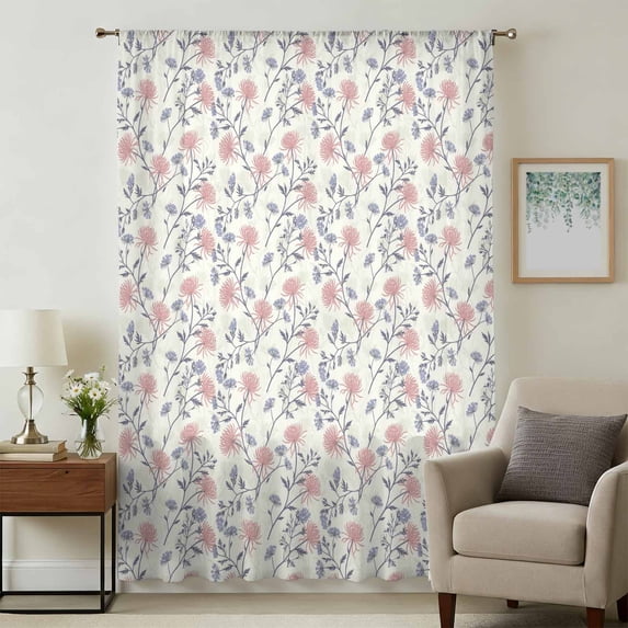 Red Blue Spring Floral Sheer Curtains 45 Inches Long, Flowers Leaves Pastoral Botanical Light Filering Curtains, Breathable Simi Curtain Privacy Drapes for Kitchen Bathroom Small Window Treatment