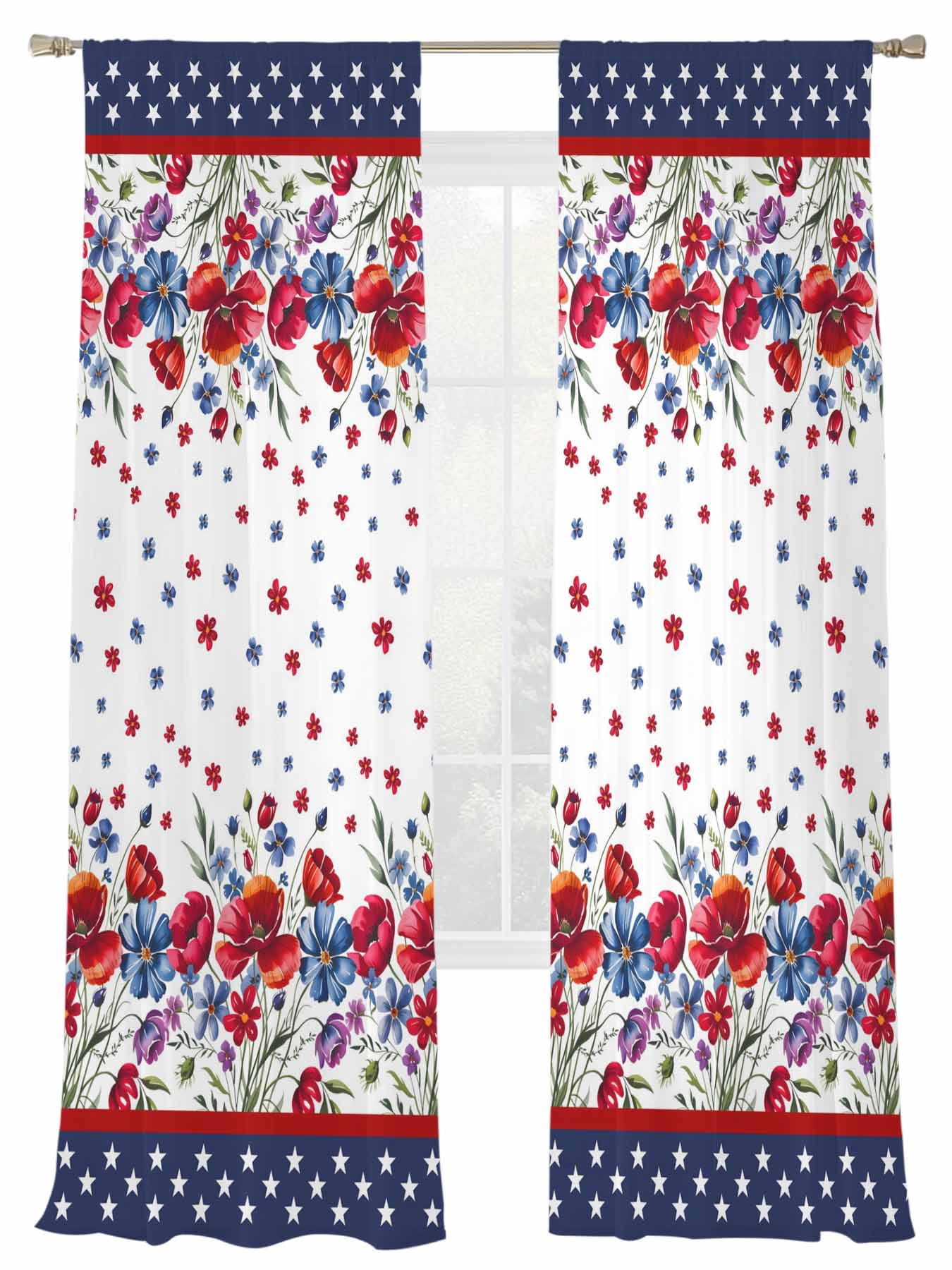 Red Blue Spring Floral Sheer Curtains 96 Inch Length 2 Panels Set, Semi