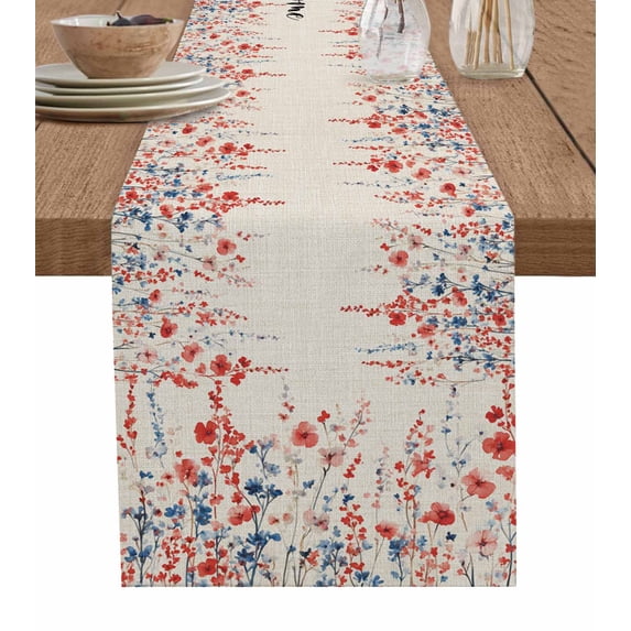Red Blue Spring Floral Table Runner Cotton Linen 48 Inch Holiday Dresser Scarves, Welcome Pastoral Botanical Rustic Tablerunner for Kitchen Coffee Dining Bedroom Dinner Scarf Décor 13''x48''