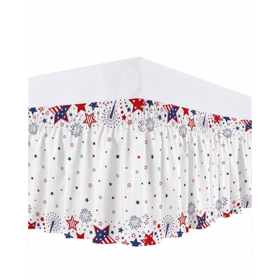 Red Blue Star 4th of July Bed Skirt Cal King Size, Independence Day Fireworks Wrap Around Bed Skirting with Adjustable Elastic Strap, Dust Ruffled Pleated Bedskirts 18 Inch Drop for Bedroom Beds