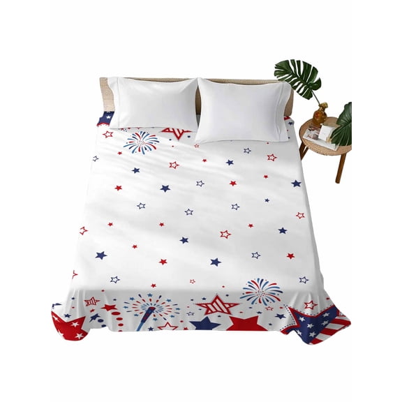 Red Blue Star 4th of July Flat Sheets Only King Size, Soft Breathable Bed Top Sheets for Mattress, Independence Day Fireworks Luxury Bedding Flat Sheets for Home Hotel Bedroom Bed Protection