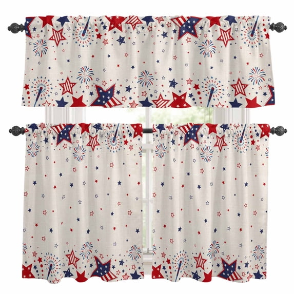 Red Blue Star 4th of July Kitchen Curtains Sets for Windows 24 Inch Length, Independence Day Fireworks Rustic Rod Pocket Window Treatments Tier Curtains and Valances Set for Bedroom/Bathroom