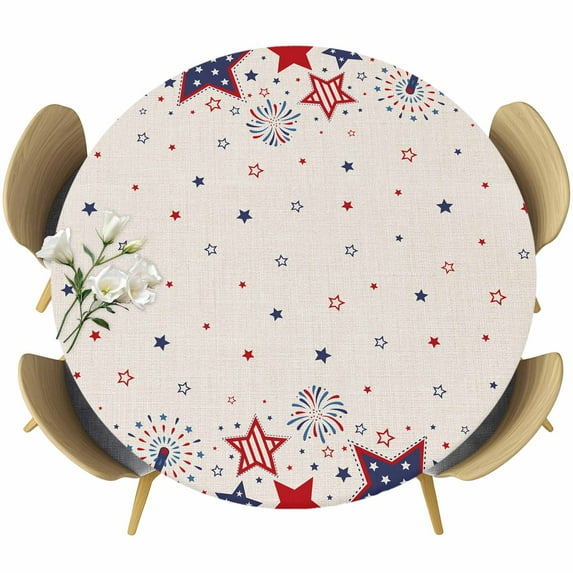 Red Blue Star 4th of July Round Tablecloth 45-54 Inch Round Fitted Table Cloth with Elastic Edge, Independence Day Fireworks Rustic Waterproof Table Cover Protector for Outdoor Picnic Party Dining