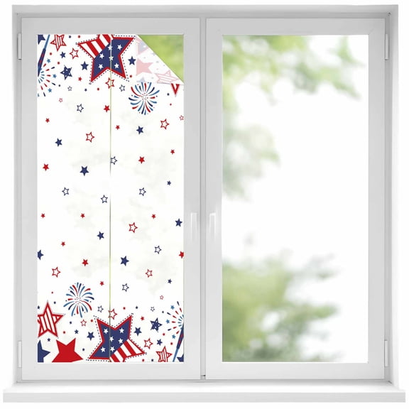 Red Blue Star 4th of July Window Privacy Film, Independence Day Fireworks Static Cling UV Sun Blocking Heat Control Window Tint Day and Night, Non-Adhesive One Way Windows Privacy Cover 17.7''x39.3''