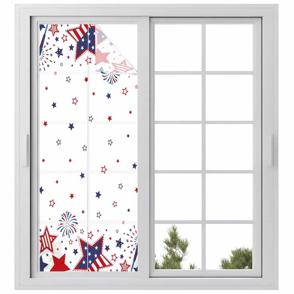 Red Blue Star 4th of July Window Privacy Film, Independence Day Fireworks Static Cling UV Sun Blocking Heat Control Window Tint Day and Night, Non-Adhesive One Way Windows Privacy Cover 23.6''x59''