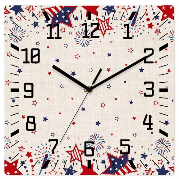 Red Blue Star 4th of July Wooden Wall Clock Silent Non Ticking, Independence Day Fireworks Rustic Square Wall Clocks Battery Operated, Decor Clock for Home Office, Living Room, Kitchen, 12 Inch