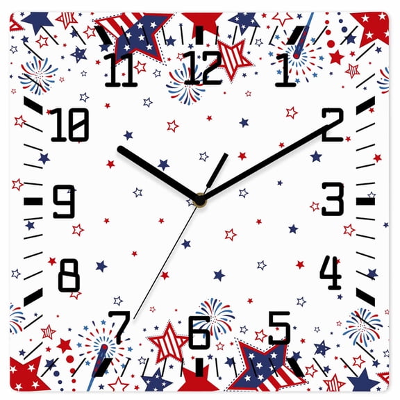 Red Blue Star 4th of July Wooden Wall Clock Silent Non Ticking, Independence Day Fireworks Square Wall Clocks Battery Operated, Decor Clock for Home Office, Living Room, Kitchen, 12 Inch