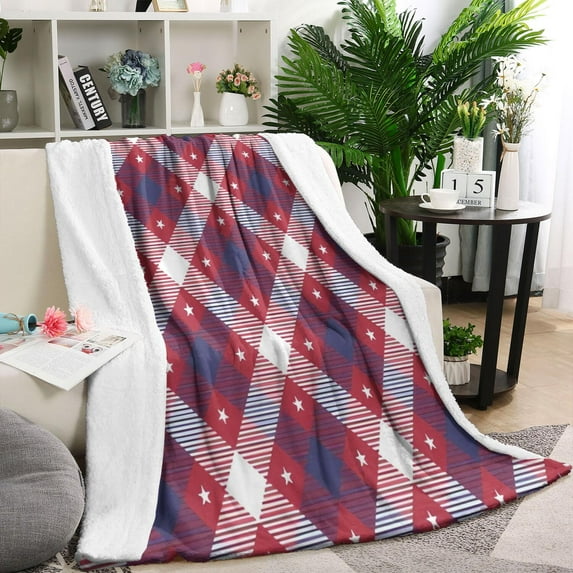 Red and Blue Star Argyle Pattern Blanket,Comfortable Soft Flannel Throw Blanket,All Season,Warm Lightweight Blankets for Sofa Bed Couch Living Room Chair,40"x50"
