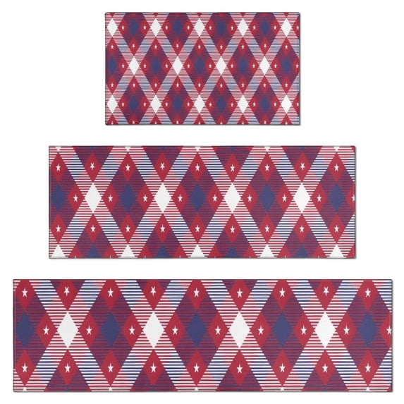 Red and Blue Star Argyle Pattern Kitchen Rugs Sets Of 3,Kitchen Runner Rugs Non Skid Washable,Decorative Kitchen Floor Mats for Kitchen,Sink,Laundry,17"x30"+ 17"x47" + 17"x59"