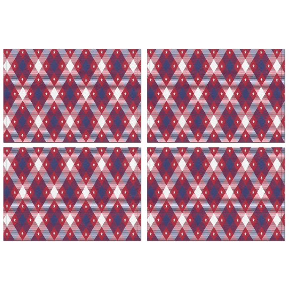 Red and Blue Star Argyle Pattern Summer Placemats Table Placemats Set Of 4-Linen Kitchen Washable Placemats Table Mats 11.8"x17.7" Non-Slip Heat Resistant