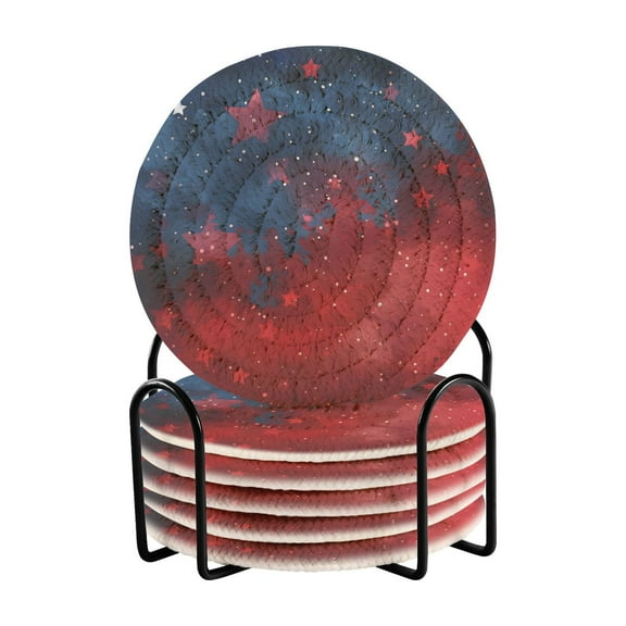 Red Blue Star at Night Coasters with Holder for Coffee Table 6 Pcs Drink Coaster Sets Absorbent for Home Decor 4 inch