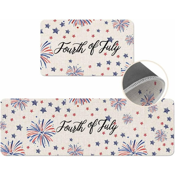 Red and Blue Stars Kitchen Mat 2 Piece 4th of July Kitchen Rugs Non Slip Star Eucalyptus Leaves Mats, Patriotic Soft Runner Rug Water Absorbent Star loor Mat for Sink 17"x30"+17"x47"