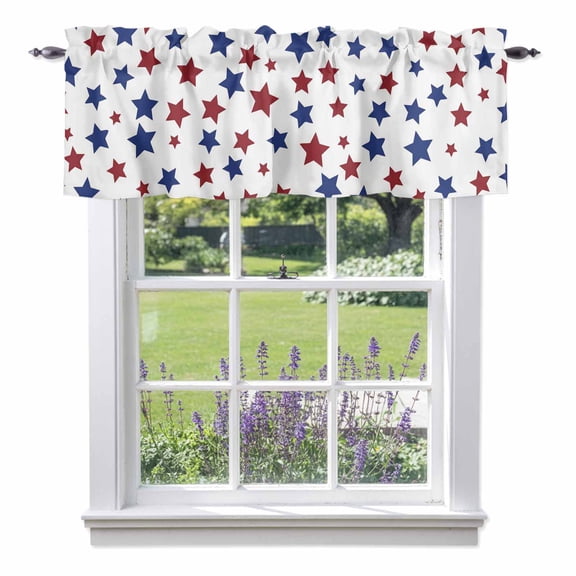 Red Blue Stars Light Filtering Valance Curtains, Independence Day Patriotic Five-pointed Star Rod Pocket Short Window Valance for Kitchen and Bathroom Windows 1 Panel 42"x12"
