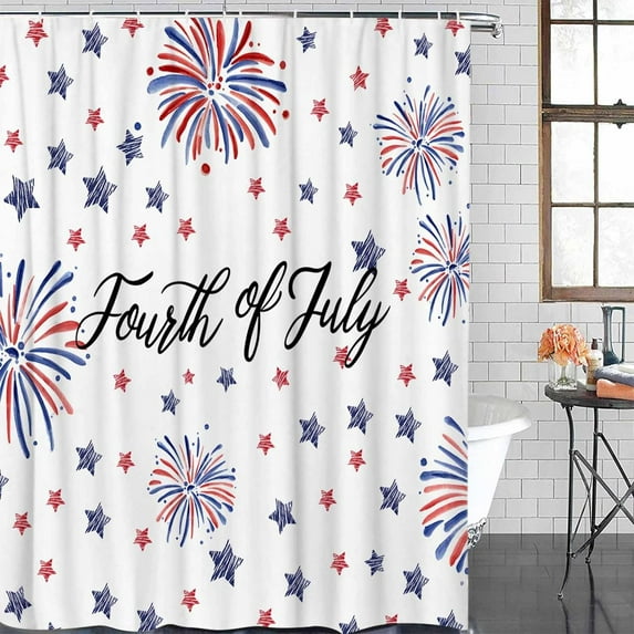 Red and Blue Stars Shower Curtain Waterproof Stars Fireworks Shower Curtain for Bathroom,Bathtub,Shower, July of 4th Stars America Patriotic Shower Curtain Set with Hooks 72x72 Inch