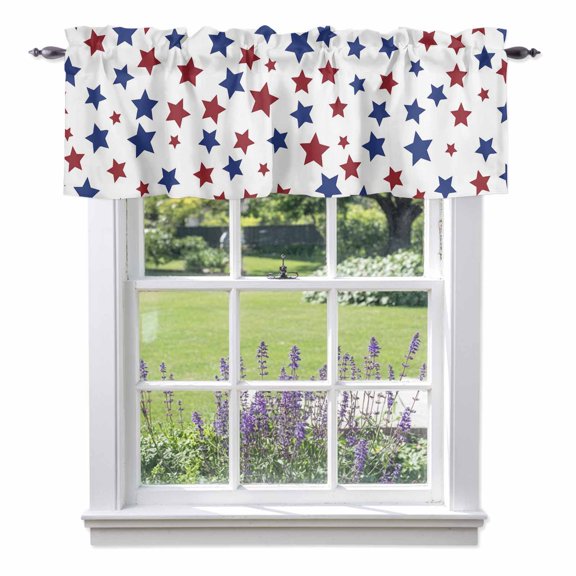 Red Blue Stars Valances for Windows, Independence Day Patriotic Five-pointed Star Valance Window Treatment Rod Pocket Short Curtains Valances for Kitchen Bathroom 42"W x 12"L