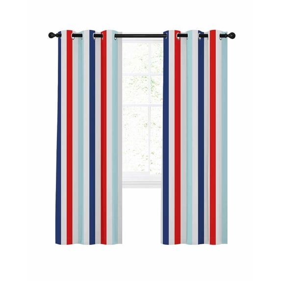 Red Blue Stripe Blackout Curtains 54 Inches Long for Bedroom, Gradient Geometric White Vertical Striped Thermal Insulated Room Darkening Black Out Window Curtain Panels Grommet Drapes for Living Room