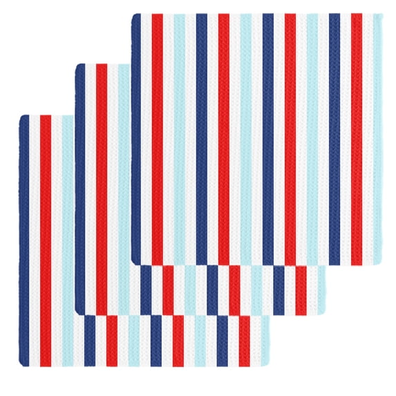 Red Blue Stripe Kitchen Dish Towels for Drying Dishes Set of 3, Gradient Geometric White Vertical Striped Waffle Weave Microfiber Hand Tea Bathroom Towels Quick Dry & Absorbent Towel 12x12