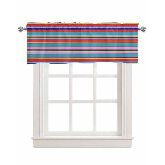 Red Blue Stripe Kitchen Valances for Windows Farmhouse Linen Window Valance Curtain for Living Room Window Treatment Mexican Rainbow Colorful Geometric Valance Rod Pocket Topper Drape, 42 x 12 Inch