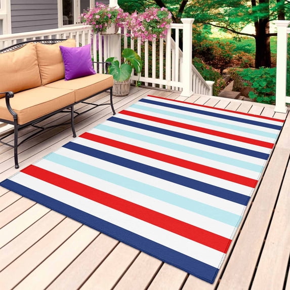 Red Blue Stripe Outdoor Rug for Patio/Deck/Porch, Non-Slip Large Area Rug 3 x 5 Ft, Gradient Geometric White Vertical Striped Indoor Outdoor Rugs Washable Area Rugs, Camping Rug Carpet Runner