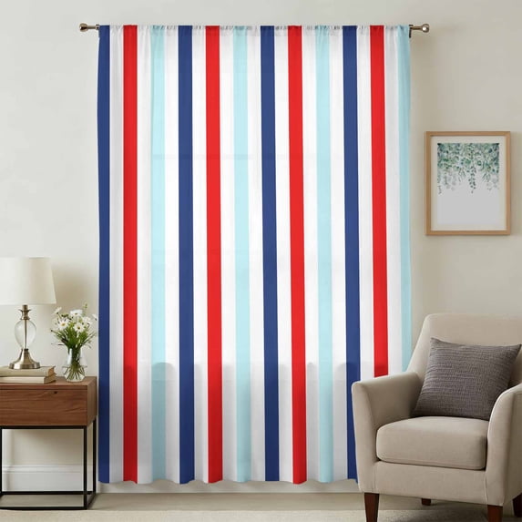 Red Blue Stripe Sheer Curtains 54 Inches Long, Gradient Geometric White Vertical Striped Light Filering Curtains, Breathable Simi Curtain Privacy Drapes for Kitchen Bathroom Small Window Treatment