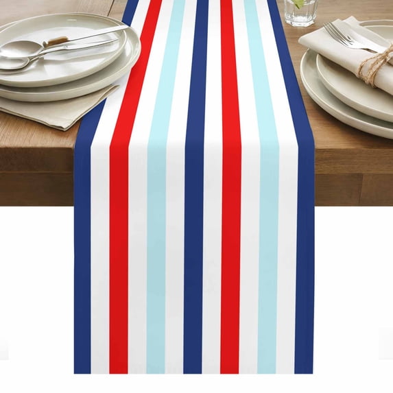 Red Blue Stripe Table Runner - 70 Inch Long, Kitchen Dining Table Runner Dresser Scarves, Gradient Geometric White Vertical Striped Farmhouse Decor for Coffee Tables Wedding Party Banquet