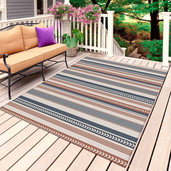 Red Blue Striped Outdoor Rug for Patio/Deck/Porch, Non-Slip Large Area Rug 6 x 9 Ft, Boho Vintage Abstract Colorful Striped Indoor Outdoor Rugs Washable Area Rugs, Camping Rug Carpet Runner