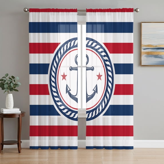 Red Blue Striped Sheer Curtains 84 Inch Length 2 Panels Set, Modern Anchor Coastal Nautical Stripe Voile Window Treatment Rod Pocket Curtains Sheers Drapes for Bedroom/Living Room/Kitchen 52"x84"x2