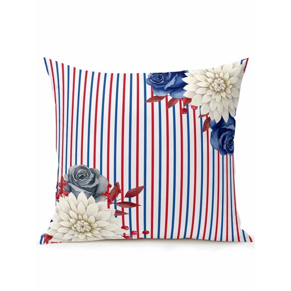 Red Blue Stripes Outdoor Throw Pillow with Insert, 16"x16" Blue Rose White Dahlia Flower Berry Waterproof Decorative Square Patio Pillows for Outside Furniture, Sofa, Porch, Garden